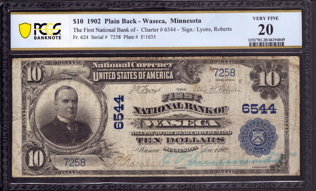 1902 10 First National Banknote Currency Waseca Minnesota Pcgs B Very