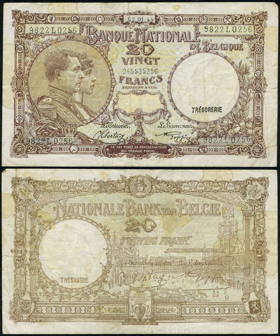 FR. 111 20 Franc 1940 World Paper Money Belgium VF: FR. 111 20 Franc 1940 World Paper Money Belgium VF Certification: Uncertified Grade: VF Circulated/Uncirculated: Circulated Denomination: 20 Franc Type: World Paper Money Year: 1940 Pre-Owned The MYNT