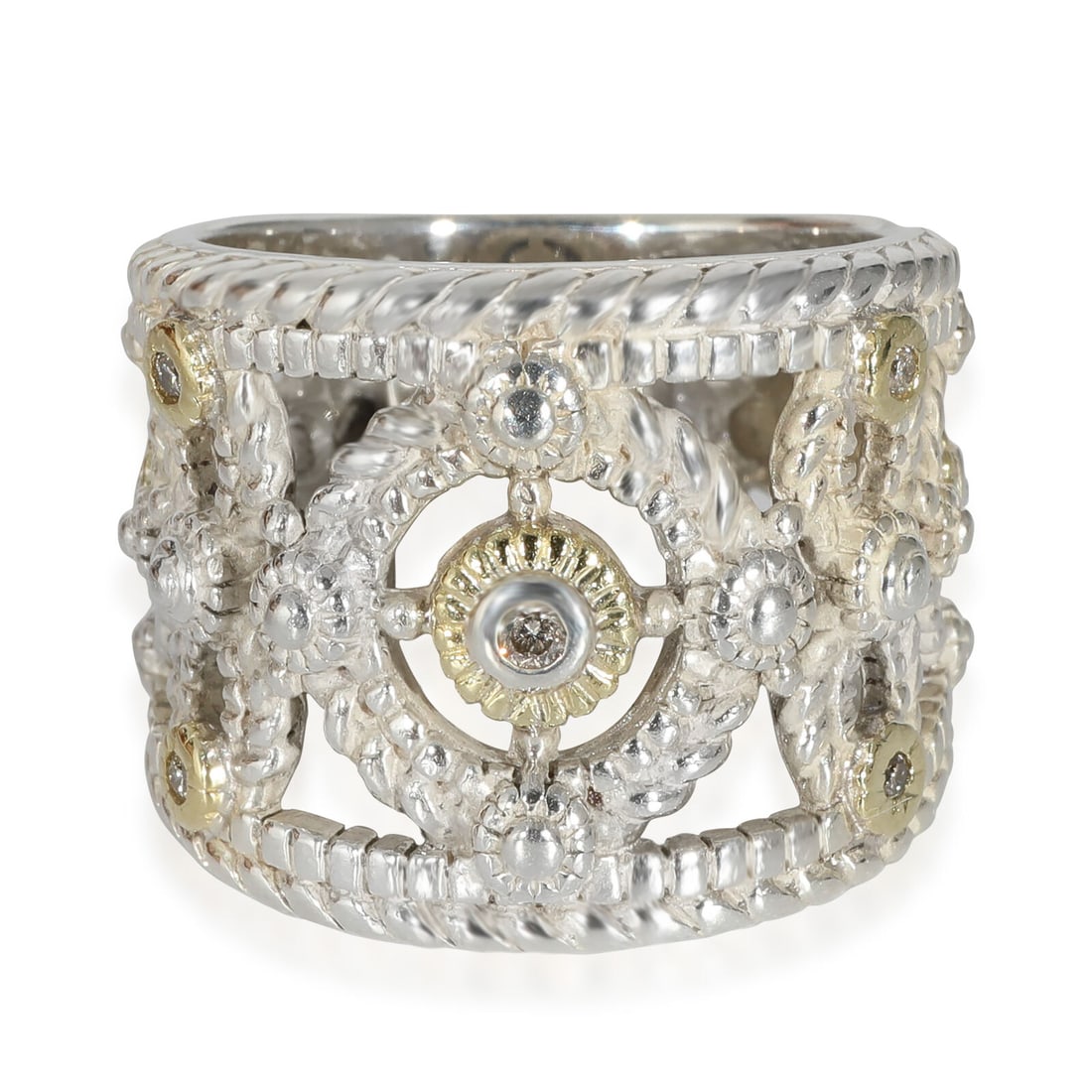 Judith Ripka Cigar Band Ring in 18k Yellow Gold/Sterling Silver 0.05 CTW: Judith Ripka Cigar Band Ring in 18k Yellow Gold/Sterling Silver 0.05 CTW Gender: Unisex Metal: Yellow Gold/Sterling Silver Total Carat Weight: 0.05 Size: 5.5 Gross Weight (Grams): 9.37 With Original B