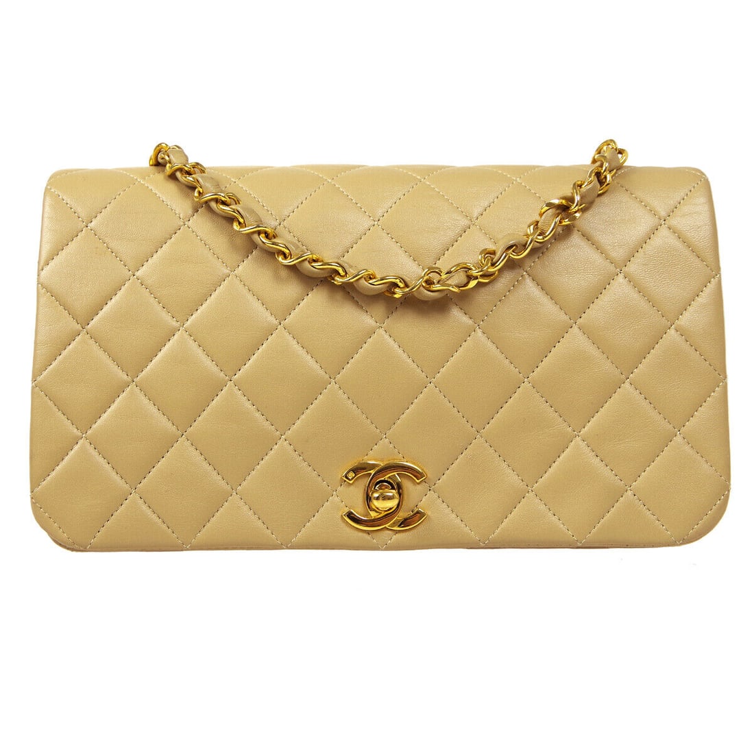 CHANEL Full Flap Quilted Chain Shoulder Bag 1229836 Beige Lambskin Leather: CHANEL Full Flap Quilted Chain Shoulder Bag 1229836 Beige Lambskin Leather Size: Medium Accents: Lock Quilted Style: Shoulder Bag Handle Style: Crossbody Strap Bag Height: 5.7 Product Line: Full Flap