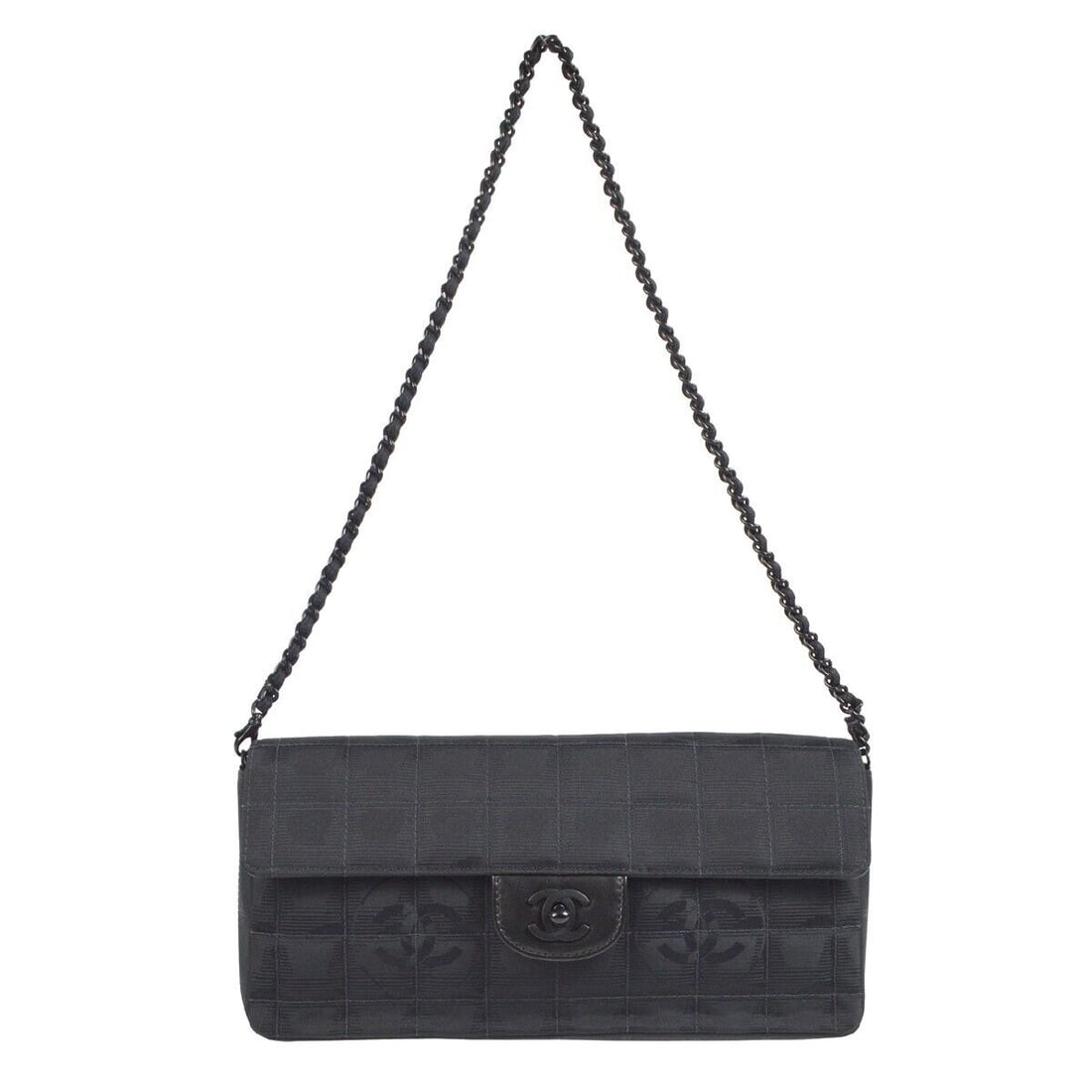 Chanel East West Travel Line Chain Shoulder Bag Black Jacquard 7450092: Chanel East West Travel Line Chain Shoulder Bag Black Jacquard 7450092 Bag Width: 10.2 Pattern: Quilted Bag Height: 5.1 Closure: Flap Turnlock Occasion: Casual Size: Medium Lining Material: Satin Bag