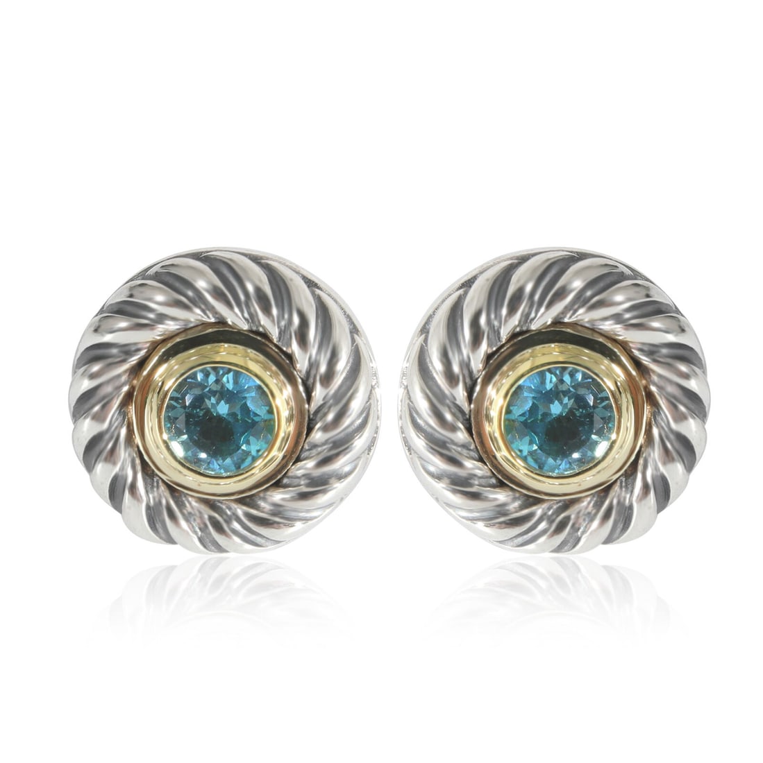 David Yurman Cable Cookie Earring With Blue Topaz in 14KT Gold/Sterling Silver: David Yurman Cable Cookie Earring With Blue Topaz in 14KT Gold/Sterling Silver Gender: Unisex Metal: Yellow Gold/Sterling Silver Main Stone: Blue Topaz Gross Weight (Grams): 5.36 With Original Box/Pac