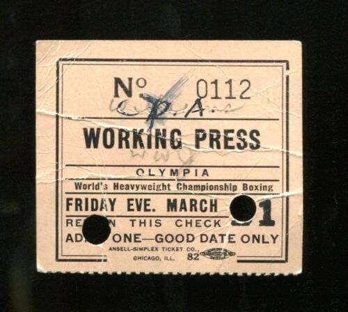 1941 Boxing Press Ticket Joe Louis v Abe Simon Olympia Stadium 3/21/41 23234: 1941 Boxing Press Ticket Joe Louis v Abe Simon Olympia Stadium 3/21/41 23234 Sport: Boxing Year: 1941 Original/Reproduction: Original Product Type: Ticket Stub Pre-Owned PLEASE NOTE: Framed Large or h