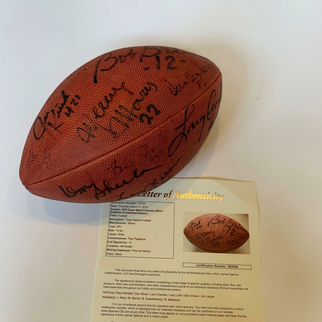 Vintage 1972 Miami Dolphins Super Bowl Champs Team Signed Football With JSA COA: Vintage 1972 Miami Dolphins Super Bowl Champs Team Signed Football With JSA COA Sport: Football-NFL Product: Ball Original/Reprint: Original Autograph Authentication: James Spence (JSA) Pre-Owned PLEA