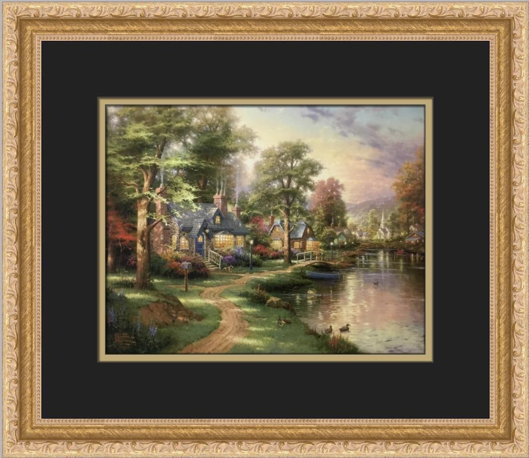 Thomas Kinkade Hometown Lake Custom Framed Print: Thomas Kinkade Hometown Lake Custom Framed Print Size: Medium Region Of Origin: United States Artist: Thomas Kinkade Production Technique: Offset Lithograph Framing: Matted & Framed Style: Americana R