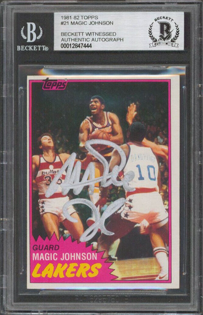 Lakers Magic Johnson Signed 1981 Topps #21 Card BAS Slabbed: Lakers Magic Johnson Signed 1981 Topps #21 Card BAS Slabbed Graded: No Sport: Basketball-NBA Team: Los Angeles Lakers League: NBA Certification Number: 12847444 Product Coa: Beckett Product Signed By 