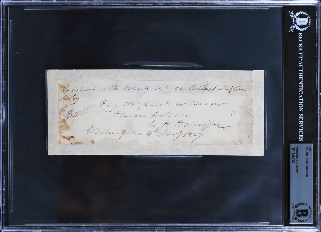 William Henry Harrison Signed 3.25x8.25 1827 Check BAS Slabbed: William Henry Harrison Signed 3.25x8.25 1827 Check BAS Slabbed Autograph Authentication: Beckett Original/Reproduction: Original Product Coa: Beckett Product Signed By Name: William Henry Harrison Pre