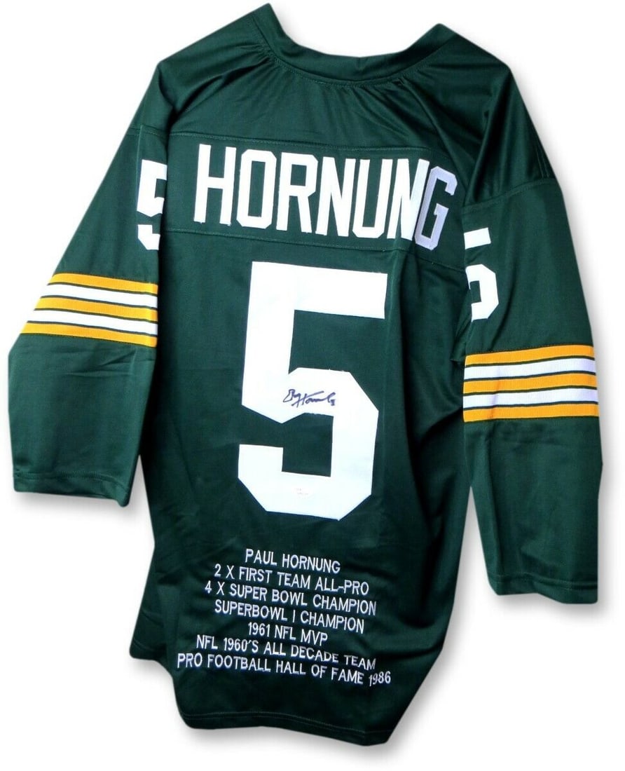 Paul Hornung Signed Autographed Jersey Green Bay Packers w/Stats JSA: Paul Hornung Signed Autographed Jersey Green Bay Packers w/Stats JSA Sport: Football Product: Jersey Original/Reprint: Original Player: Paul Hornung Team: Green Bay Packers Autograph Authentication: J
