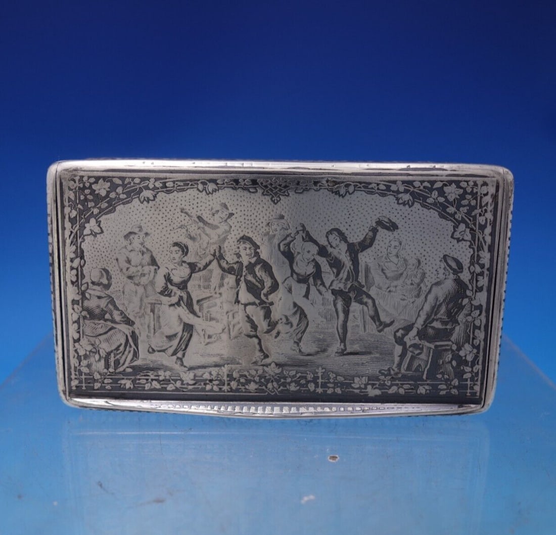 Silver Tobacco / Snuff Box Chased Engraved w/ Niello Dancing Scene: Silver Tobacco / Snuff Box Chased Engraved w/ Niello Dancing Scene Amazing silver tobacco/snuff box chased and engraved with niello featuring people dancing (maker unknown). This piece is possibly fre