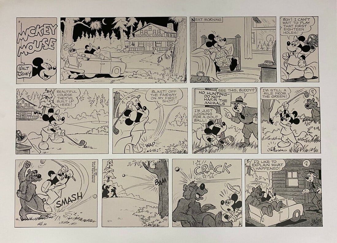Mickey Mouse Golf Comic Serigraph 26" x 36": Mickey Mouse Golf Comic Serigraph 26" x 36" Features: unframed Region Of Origin: United States Personalize: No Item Width: 36 in Title: Mickey Mouse Golf Production Technique: Serigraph Item Length: 3