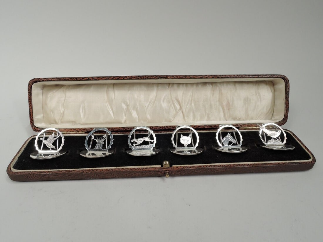 George V Holders Antique Place Card Menu Field Sports English Sterling Silver: George V Holders Antique Place Card Menu Field Sports English Sterling Silver Style: Edwardian Age: 1900-1940 Material: Silver Region: United Kingdom Type: Place Card Holder Set of 6 George V sterling