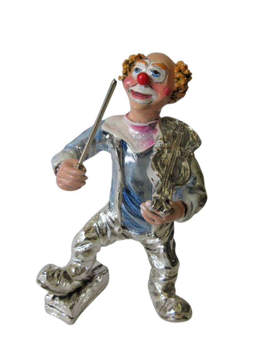 ITALIAN SILVER PLATED & MULTI COLOR ENAMEL MUSICAL VIOLIN CIRCUS CLOWN FIGURINE: ITALIAN SILVER PLATED & MULTI COLOR ENAMEL MUSICAL VIOLIN CIRCUS CLOWN FIGURINE Type: Figurine Composition: Silver Plated Maker: Made in Italy Fine Italian Silver Plated & Multi Colored Enamel Clown F