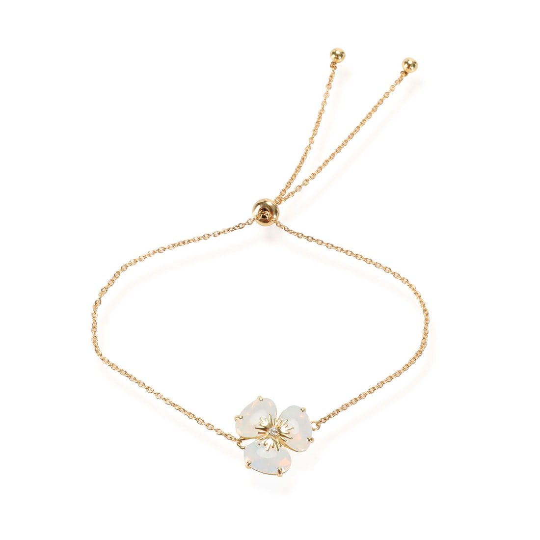 Opal Quartz Diamond Flower Bolo Bracelet in 18K Yellow Gold 0.02 CTW: Opal Quartz Diamond Flower Bolo Bracelet in 18K Yellow Gold 0.02 CTW Side Stone Weight (Cts): 0.02 With Original Box/Packaging: Yes Gender: Women's Metal: Yellow Gold Total Carat Weight: 0.02 Includes