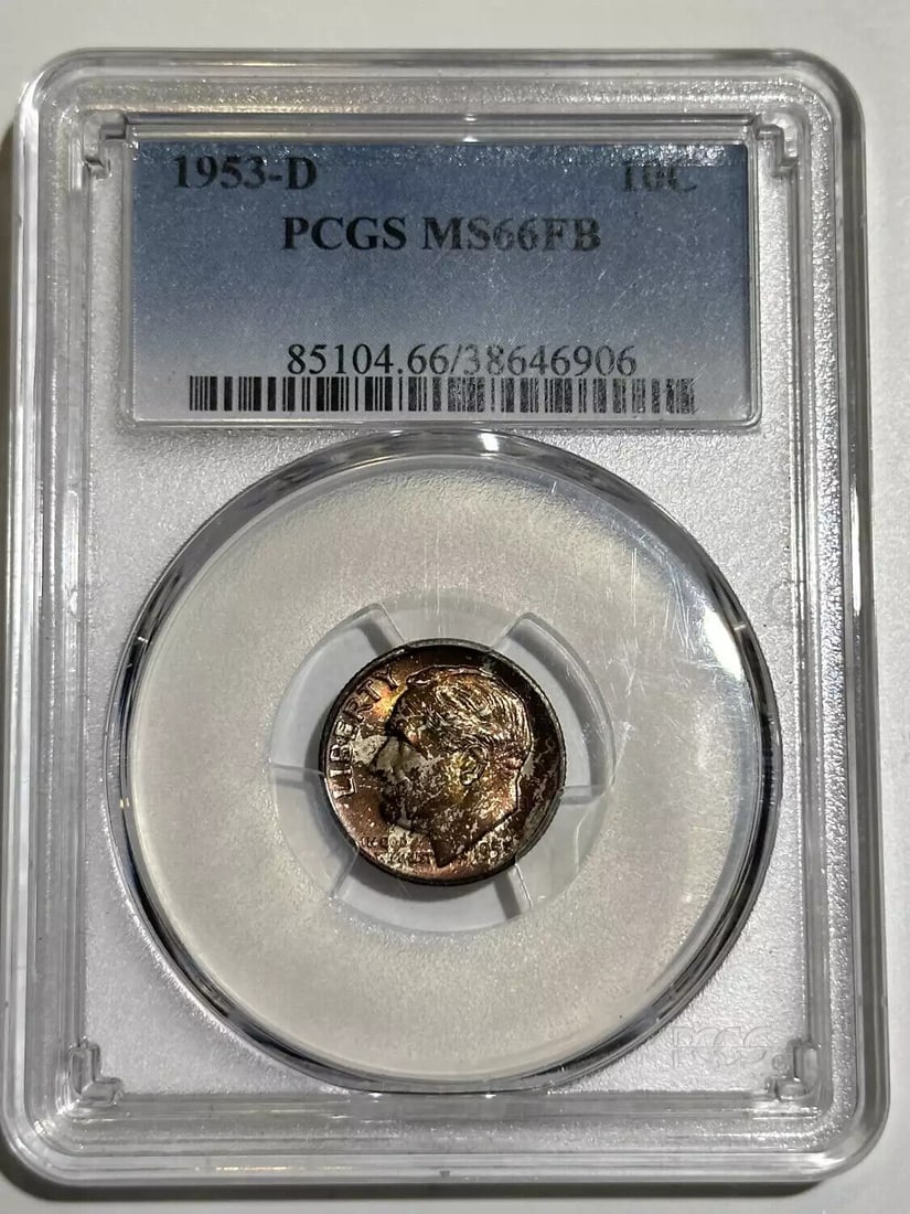 1953 D Dimes Roosevelt PCGS MS-66 FB Rainbow Toning: 1953 D Dimes Roosevelt PCGS MS-66 FB Rainbow Toning Certification: PCGS Composition: Silver Grade: MS 66 Year: 1953 Circulated/Uncirculated: Uncirculated Mint Location: Denver Country: USA Km Number: 
