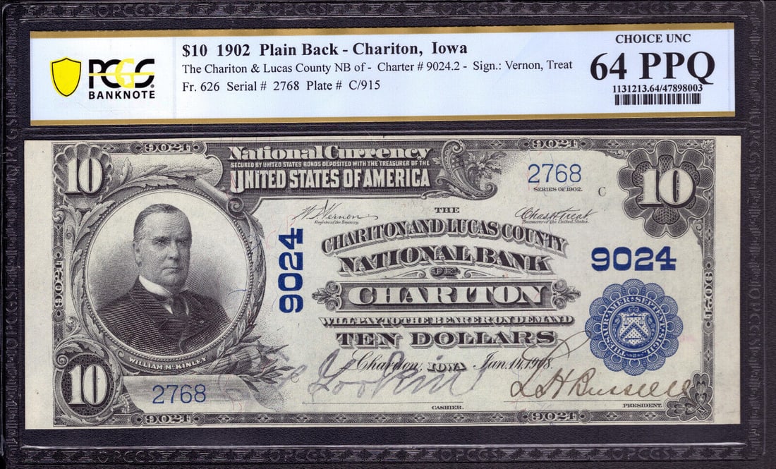 1902 10 Chariton National Bank Note Currency Iowa Pcgs B Choice Unc Cu
