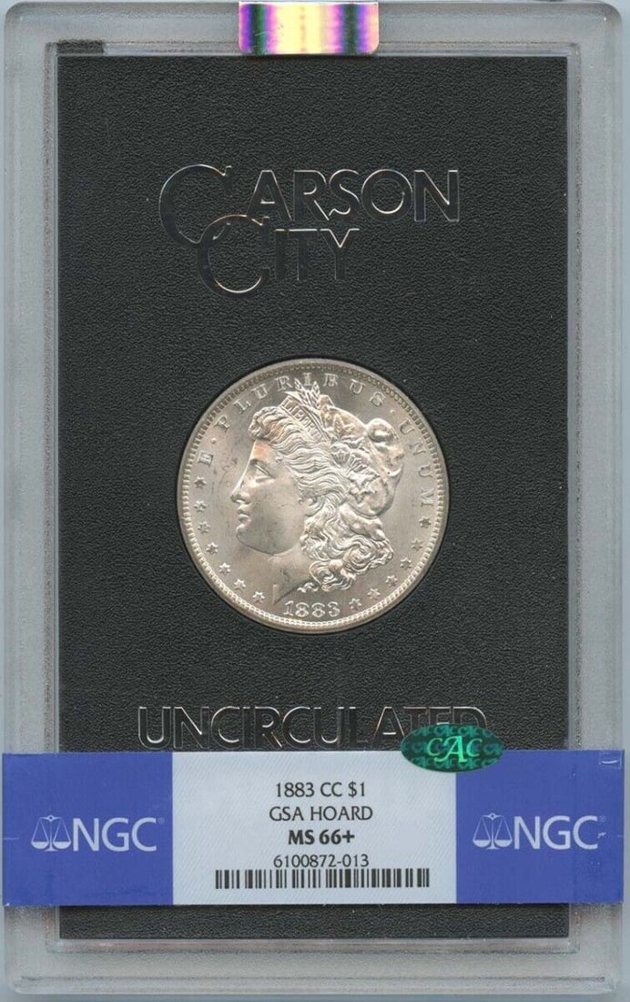 1883-CC Morgan Dollar GSA HOARD S$1 NGC MS66+ (CAC): 1883-CC Morgan Dollar GSA HOARD S$1 NGC MS66+ (CAC) Certification: NGC Certification Number: 6100872013 Grade: MS66+ Year: 1883 Circulated/Uncirculated: Uncirculated Mint Location: Carson City Designa