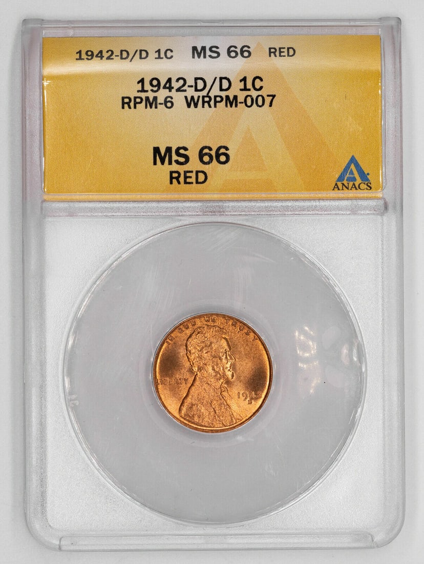 1942 D/D LINCOLN WHEAT CENT PENNY 1C ANACS MS 66 RED RPM 6 WRPM 007 UNC (726): 1942 D/D LINCOLN WHEAT CENT PENNY 1C ANACS MS 66 RED RPM 6 WRPM 007 UNC (726) Certification: ANACS Composition: Copper Grade: MS-66 Year: 1942 Circulated/Uncirculated: Unknown Strike Type: MS Mint Loc