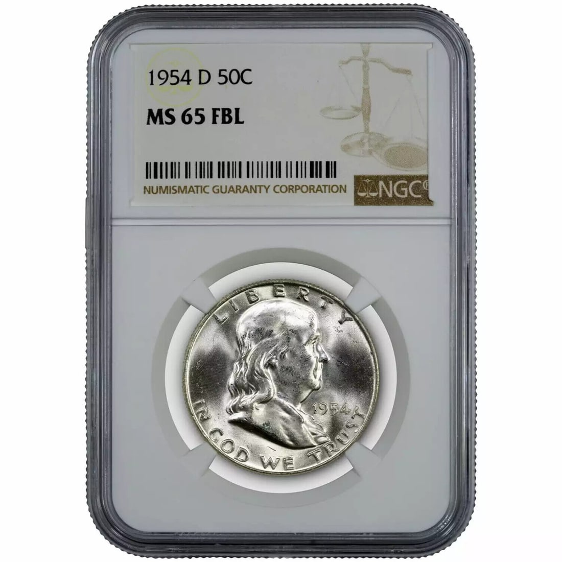1954 D FRANKLIN HALF DOLLAR 50C NGC MS 65 FBL MINT UNC - FULL BELL LINES: 1954 D FRANKLIN HALF DOLLAR 50C NGC MS 65 FBL MINT UNC - FULL BELL LINES Certification: NGC Composition: Silver Grade: MS 65 Year: 1954 Circulated/Uncirculated: Uncirculated Mint Location: Denver Km N