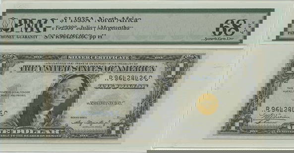 1935A $1 WWII N Africa FR#2306 PMG 68 Superb Gem EPQ RC Block: 1935A $1 WWII N Africa FR#2306 PMG 68 Superb Gem EPQ RC Block Circulated/Uncirculated: Uncirculated Denomination: $1 Year: 1934 Grade: MS68 Certification: PMG Grade Designation: EPQ Certification Numb