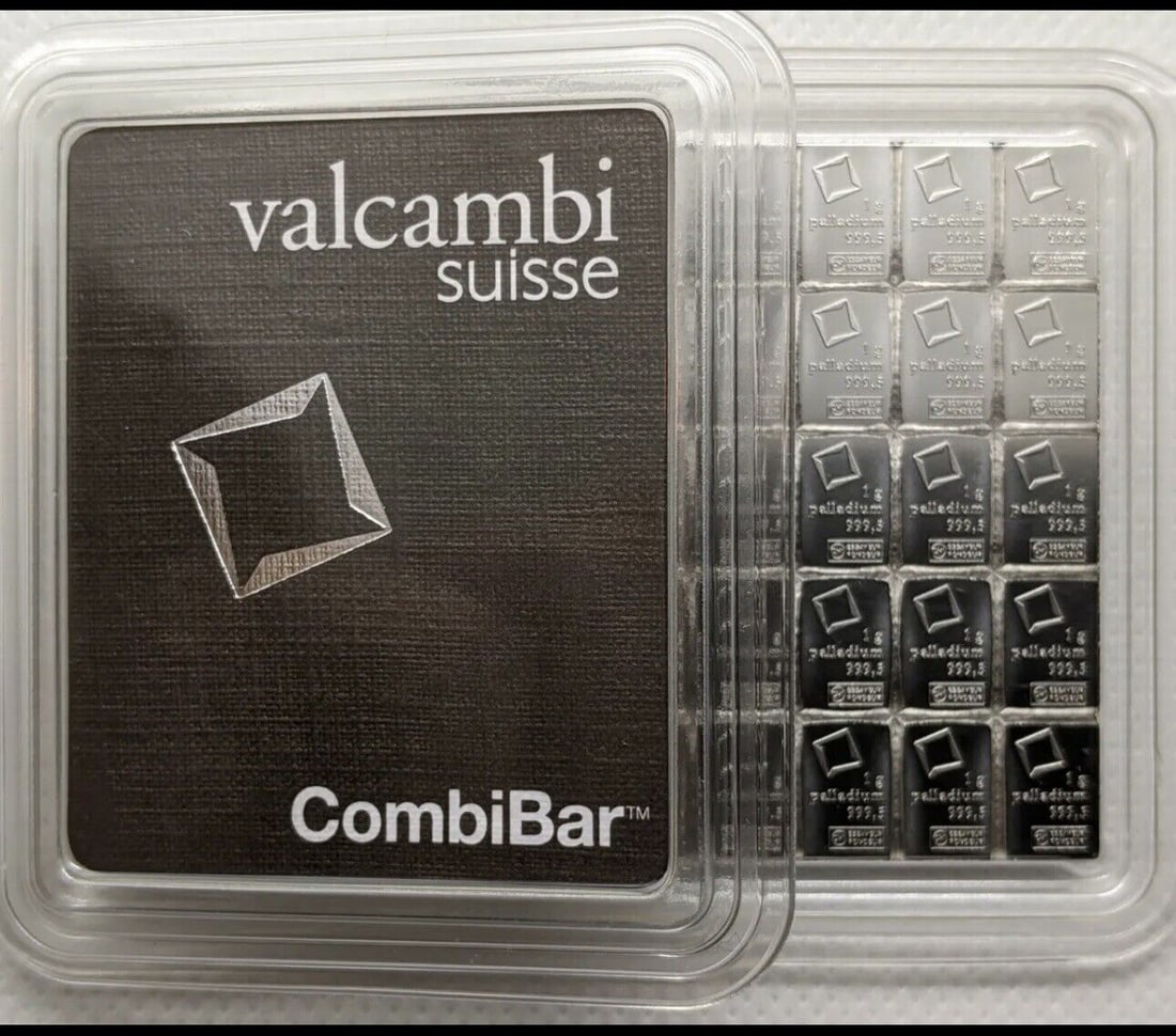 1 gram Palladium Bar - Valcambi- 999.5 Fine (From CombiBar): 1 gram Palladium Bar - Valcambi- 999.5 Fine (From CombiBar) Composition: Palladium Shape: Bar Precious Metal Content Per Unit: 1 g Certification: Uncertified Pre-Owned The MYNT Guarantee: All items in