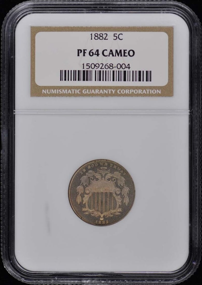 1882 Shield 5C NGC PR64CAM: 1882 Shield 5C NGC PR64CAM Certification: NGC Certification Number: 1509268004 Grade: PR64 Year: 1882 Circulated/Uncirculated: Uncirculated Strike Type: Proof Mint Location: Philadelphia Designation: 