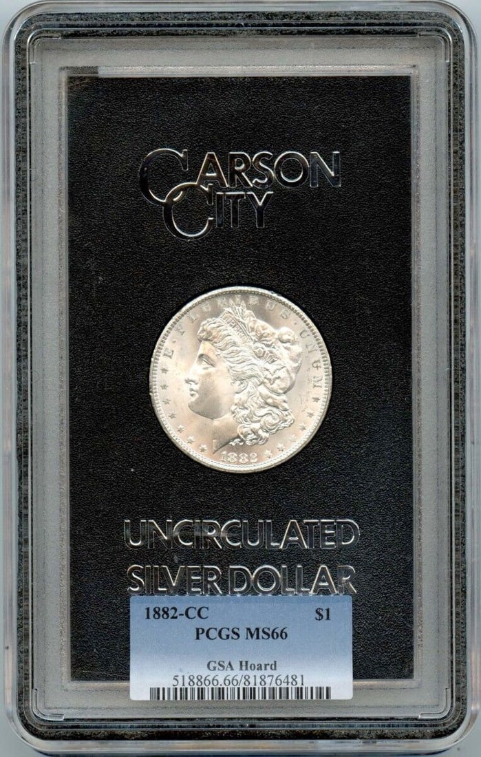 1882-CC $1 Morgan Dollar GSA PCGS MS66: 1882-CC $1 Morgan Dollar GSA PCGS MS66 Certification: PCGS Certification Number: 81876481 Grade: MS66 Year: 1882 Circulated/Uncirculated: Uncirculated Mint Location: Carson City Designation: NONE Deno