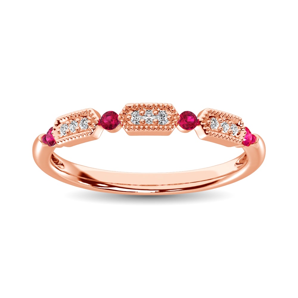 Diamond 1/5 Ct.Tw. And Ruby Stack Band in 14K Rose Gold ( 9 Diamond and 4 Ruby ): Diamond 1/5 Ct.Tw. And Ruby Stack Band in 14K Rose Gold ( 9 Diamond and 4 Ruby ) Metal: 14k Rose Gold Sizes Avilable: 4,5,6,7,8,9 Stone Count: 13.0 Stone Shape: Round Stone Type: Diamond / Ruby Stone 