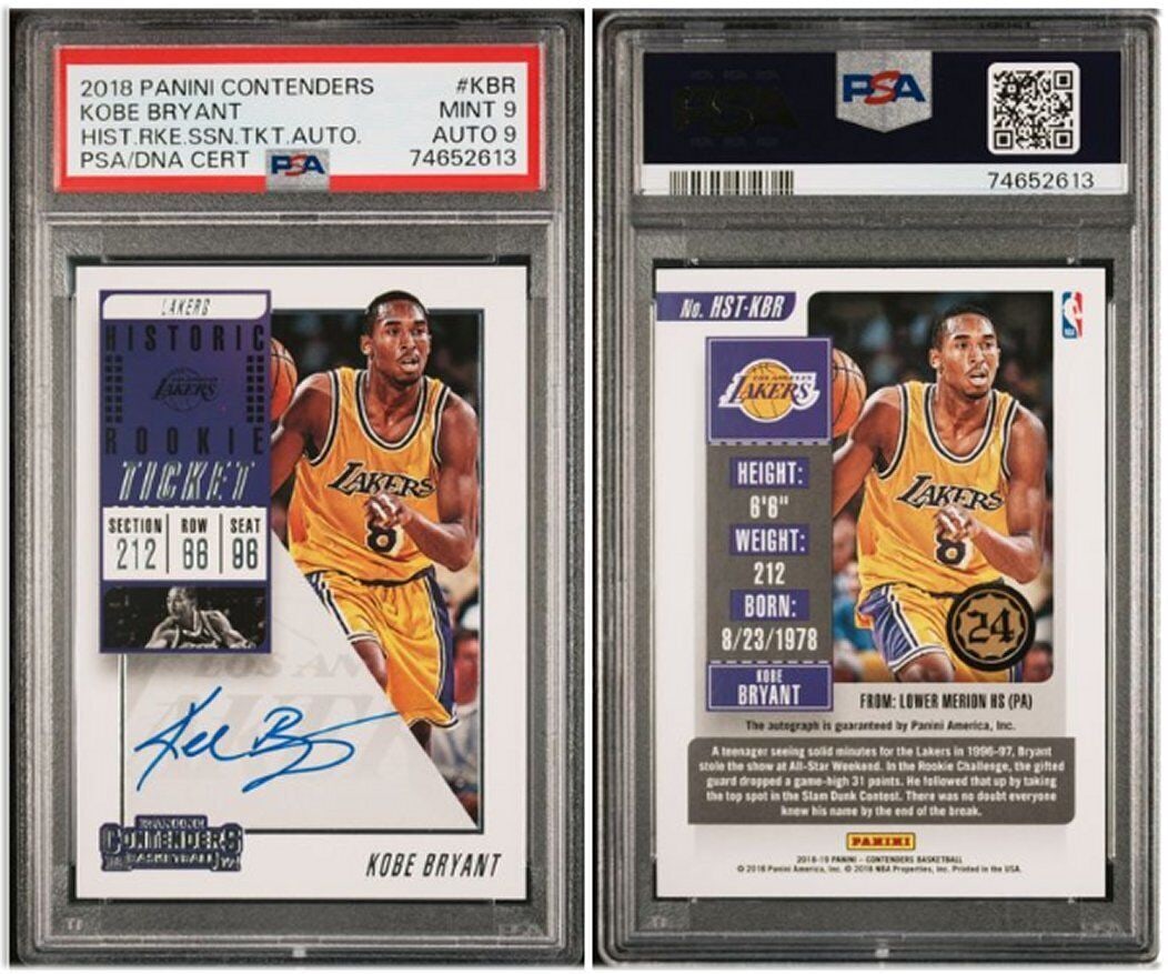 Kobe Bryant 2018 Panini Contenders Auto Rookie Ticket #KBR PSA 9 / 9: Kobe Bryant 2018 Panini Contenders Auto Rookie Ticket #KBR PSA 9 / 9 Graded: Yes Sport: Basketball Player/Athlete: Kobe Bryant League: NBA Professional Grader: PSA Team: Los Angeles Lakers Card Number