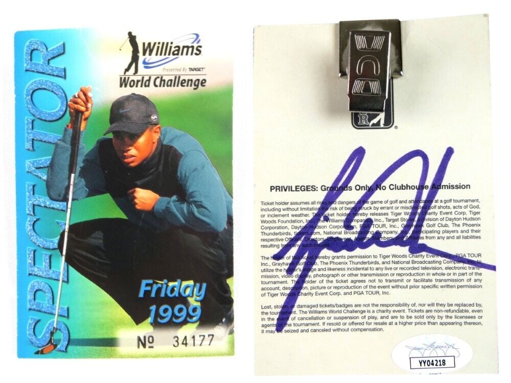 Tiger Woods Signed Autographed Spectator Badge 1999 World Challenge JSA: Tiger Woods Signed Autographed Spectator Badge 1999 World Challenge JSA Sport: Golf-PGA Product: Badge Original/Reprint: Original Player: Tiger Woods Autograph Authentication: James Spence (JSA) Pre-O