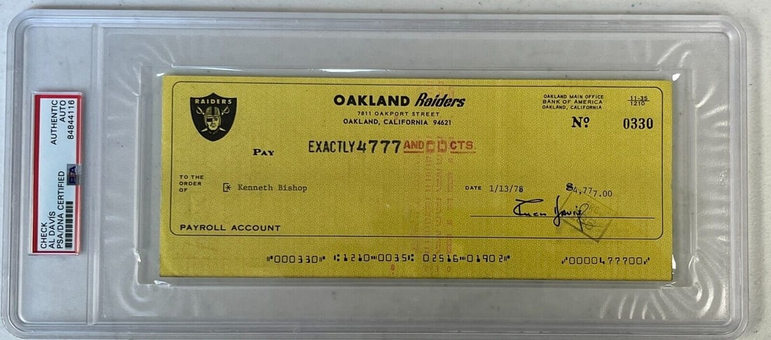 AL DAVIS d.2011 signed/encapsulated Oakland Raiders Payroll check-PSA 84844116: AL DAVIS d.2011 signed/encapsulated Oakland Raiders Payroll check-PSA 84844116 Sport: Football-NFL Player: Al Davis Signed: Yes Original/Reprint: Original Autograph Authentication: Professional Sports