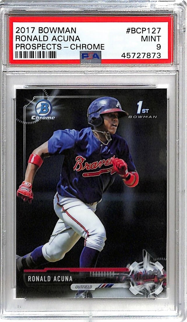 2017 Bowman Prospects Chrome Ronald Acuna Jr CP127 Card PSA 9: 2017 Bowman Prospects Chrome Ronald Acuna Jr CP127 Card PSA 9 Graded: Yes Sport: Baseball-MLB Manufacturer: Bowman Grade: 9 Team: Atlanta Braves League: Major League (MLB) Autographed: No Card Number: