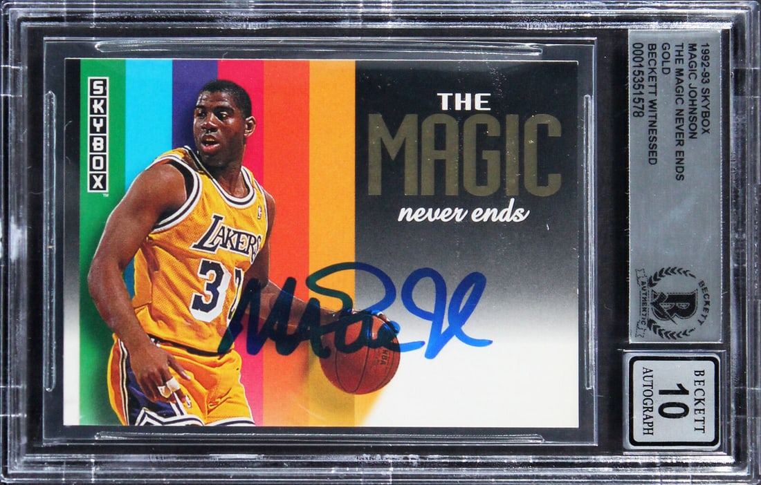 Lakers Magic Johnson Signed 1992 Skybox The MNE Gold Card Auto 10! BAS Slabbed: Lakers Magic Johnson Signed 1992 Skybox The MNE Gold Card Auto 10! BAS Slabbed Graded: Yes Sport: Basketball-NBA League: NBA Team: Los Angeles Lakers Certification Number: 15351578QTY Product Coa: Bec