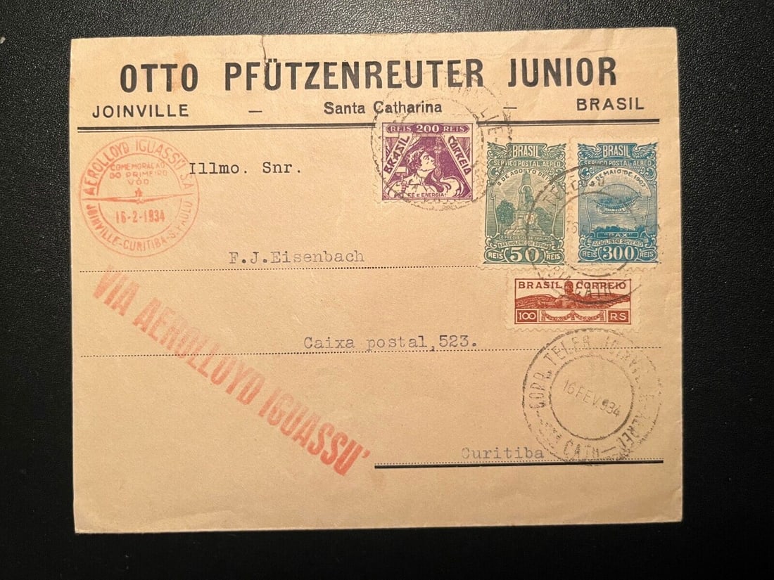 1934 Brazil Airmail Cover Joinville to Curitiba via Aerolloyd Iguassu: 1934 Brazil Airmail Cover Joinville to Curitiba via Aerolloyd Iguassu Place Of Origin: Brazil Quality: Used Grade: Ungraded Certification: Uncertified Pre-Owned PLEASE NOTE: Framed Large or heavy Item