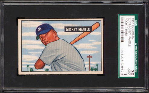 Yankees Mickey Mantle 1951 Bowman #253 Rookie Card Graded Good 2 SGC: Yankees Mickey Mantle 1951 Bowman #253 Rookie Card Graded Good 2 SGC Sport: Baseball-MLB League: MLB Team: New York Yankees Graded: Yes Product Coa: SGC Authentic Product Signed By Name: Mickey Mantle