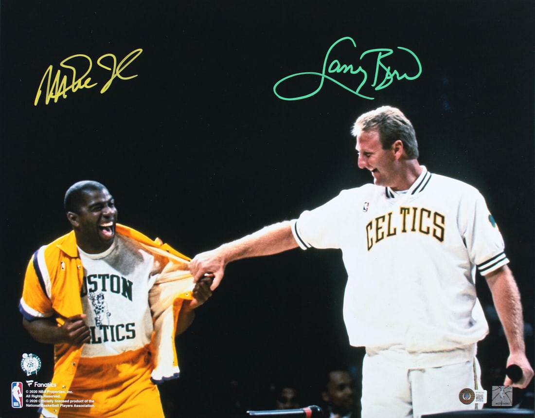 Magic Johnson & Larry Bird Signed 16x20 Retirement Photo BAS Witness 2: Magic Johnson & Larry Bird Signed 16x20 Retirement Photo BAS Witness 2 Sport: Basketball Product: Photo Original/Reprint: Original Player: Magic Johnson & Larry Bird Autograph Authentication: Beckett 
