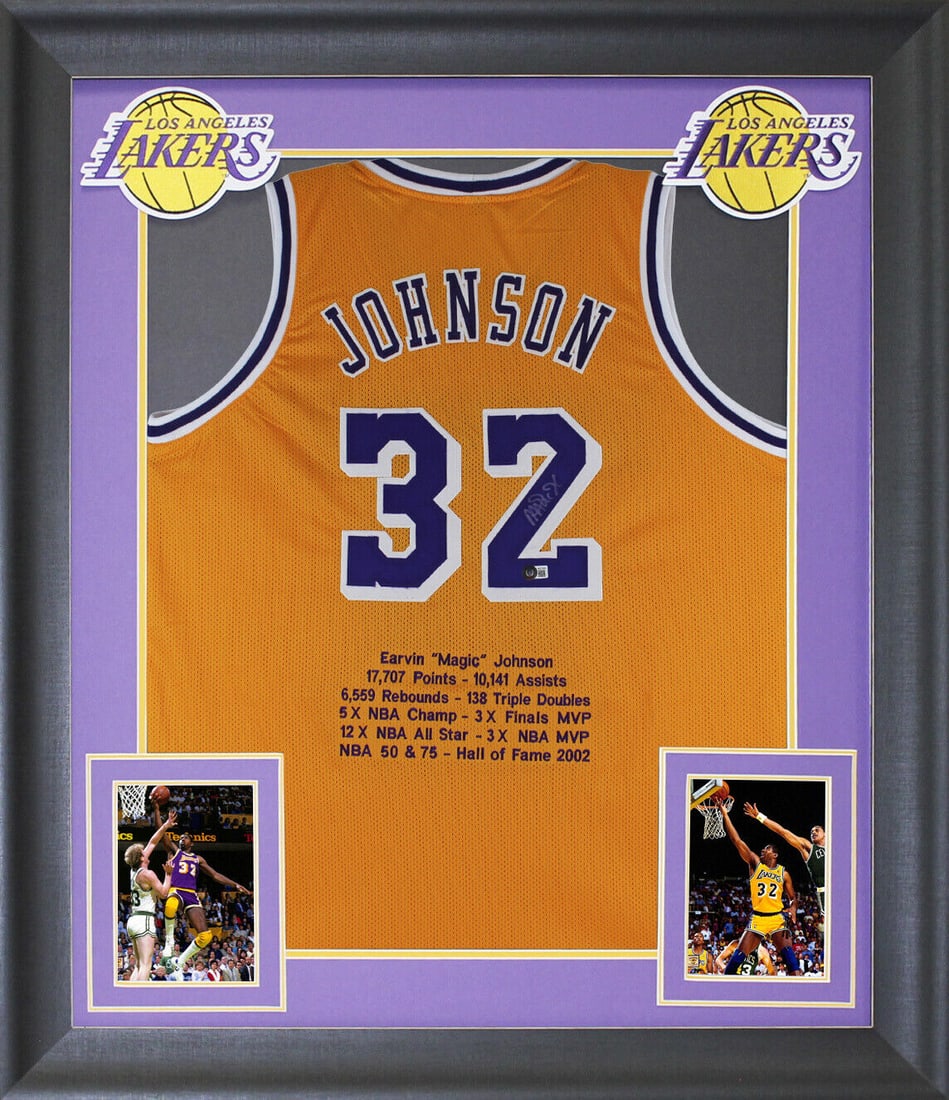 Magic Johnson Signed Yellow Pro Style Framed Jersey w/ Stats BAS Wit: Magic Johnson Signed Yellow Pro Style Framed Jersey w/ Stats BAS Wit Sport: Basketball Product: Jersey Original/Reprint: Original Player: Magic Johnson Autograph Authentication: Beckett Team: Los Ange
