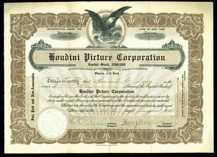 Harry Houdini Signed Houdini Picture Corporation Stock Certificate BAS #A87591: Harry Houdini Signed Houdini Picture Corporation Stock Certificate BAS #A87591 Autograph Authentication: BAS Product Coa: BAS Product Signed By Name: Harry Houdini Pre-Owned PLEASE NOTE: Framed Large