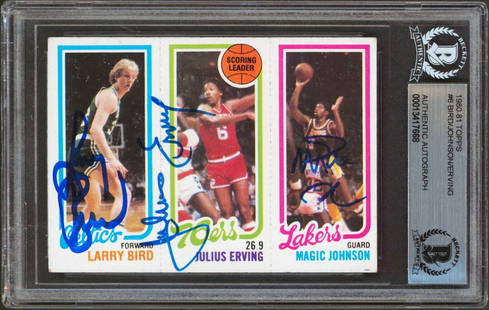 Magic Johnson Larry Bird & Julius Erving Signed 1980 Topps Rookie Card BAS Slab: Magic Johnson Larry Bird & Julius Erving Signed 1980 Topps Rookie Card BAS Slab Graded: No Sport: Basketball-NBA League: NBA Certification Number: 13417668 Product Coa: Beckett Product Signed By Name: