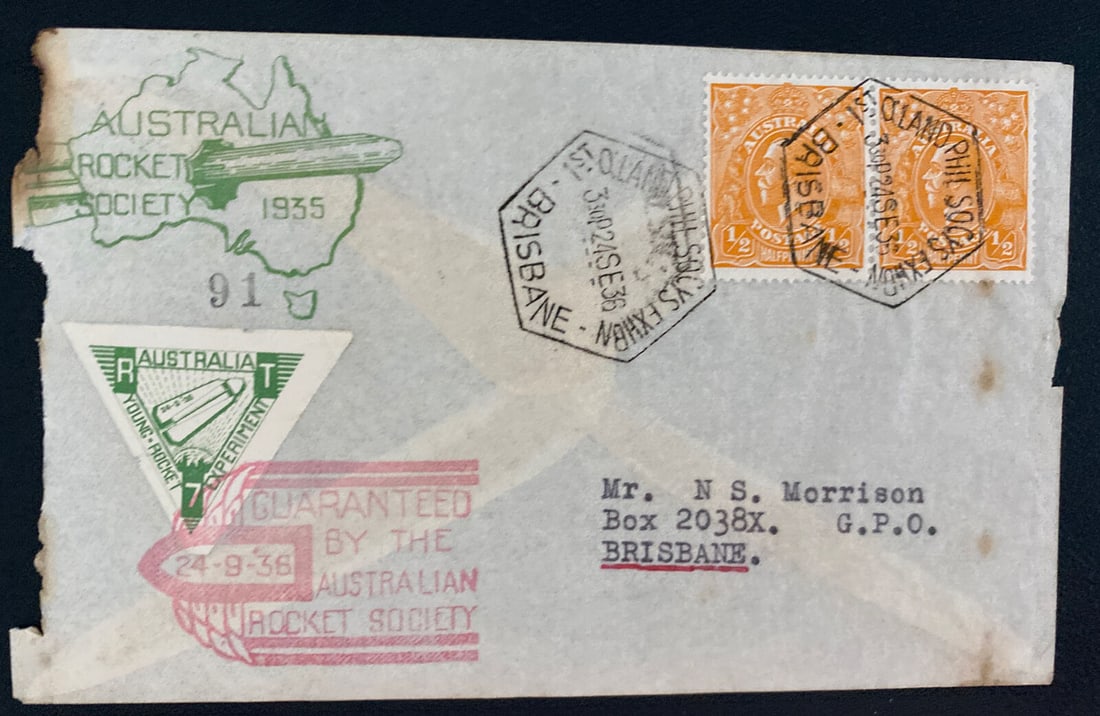 1936 Brisbane Australia Crash Damaged Rocket Mail Flight Cover Locally Used: 1936 Brisbane Australia Crash Damaged Rocket Mail Flight Cover Locally Used Type: Cover Place Of Origin: Australia & Oceania Quality: Used Pre-Owned PLEASE NOTE: Framed Large or heavy Items do not hav