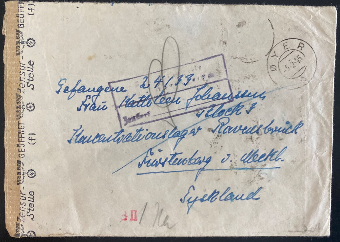 1945 Oyer Norway To Germany Ravensbruck Concentration Camp Cover KZ Woman: 1945 Oyer Norway To Germany Ravensbruck Concentration Camp Cover KZ Woman Topic: Concentration Camp Certification: Uncertified Quality: Used Region: Germany Grade: Ungraded Type: Cover Place Of Origin