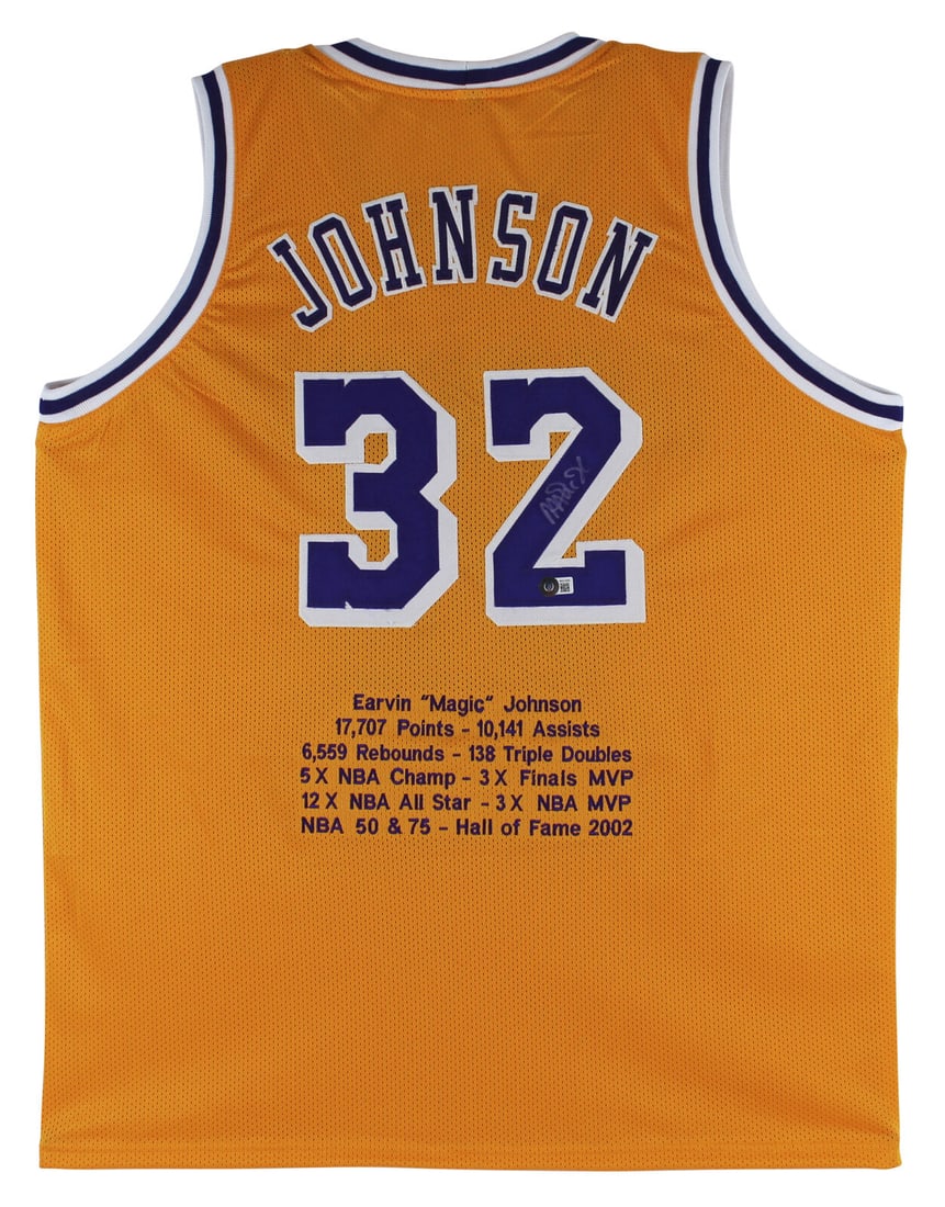 Magic Johnson Signed Yellow Pro Style Jersey w/ Stats BAS Witnessed: Magic Johnson Signed Yellow Pro Style Jersey w/ Stats BAS Witnessed Sport: Basketball Product: Jersey Original/Reprint: Original Player: Magic Johnson Autograph Authentication: Beckett Team: Los Angel