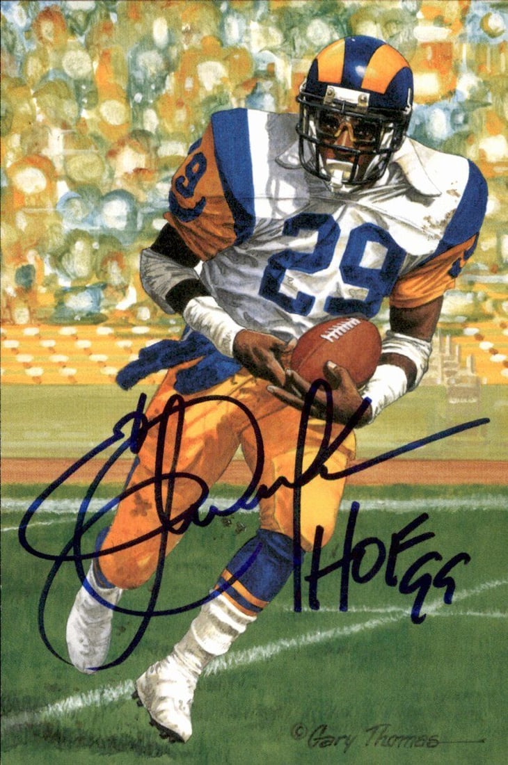 Eric Dickerson HOF Rams Signed/Inscribed Goal Line Art GLAC Postcard JSA 167067: Eric Dickerson HOF Rams Signed/Inscribed Goal Line Art GLAC Postcard JSA 167067 Sport: Football Product: Postcard Original/Reprint: Original Autograph Authentication: JSA Team: Los Angeles Rams League