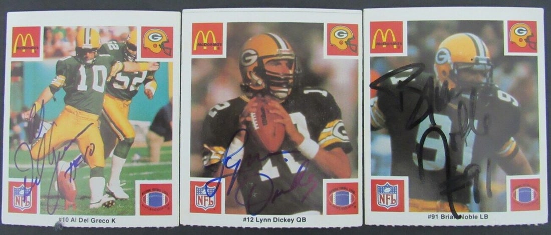 Lot of 3 1986Packers Signed McDonalds CardsDickey Noble Del Greco 158343: Lot of 3 1986Packers Signed McDonalds CardsDickey Noble Del Greco 158343 Sport: Football Product: Trading Card Original/Reprint: Original Team: Green Bay Packers Graded: No League: NFL Pre-Owned PLEAS