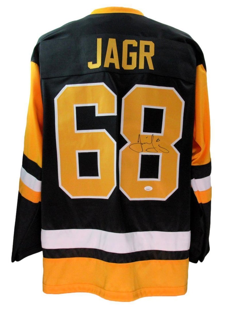 Jaromir Jagr Autographed Custom Black Hockey Jersey Penguins JSA 180120: Jaromir Jagr Autographed Custom Black Hockey Jersey Penguins JSA 180120 Sport: Hockey Product: Jersey Original/Reprint: Original Team: Pittsburgh Penguins Autograph Authentication: JSA League: NHL Pre