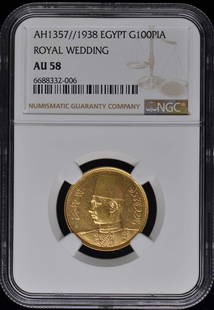 AH1357//1938 EGYPT ROYAL WEDDING 100PIA NGC AU58 Gold 100 Piastres: AH1357//1938 EGYPT ROYAL WEDDING 100PIA NGC AU58 Gold 100 Piastres Circulated/Uncirculated: Circulated Year: NONE Certification: NGC Certification Number: 6688332006 Grade: AU58 Pre-Owned The MYNT Gua