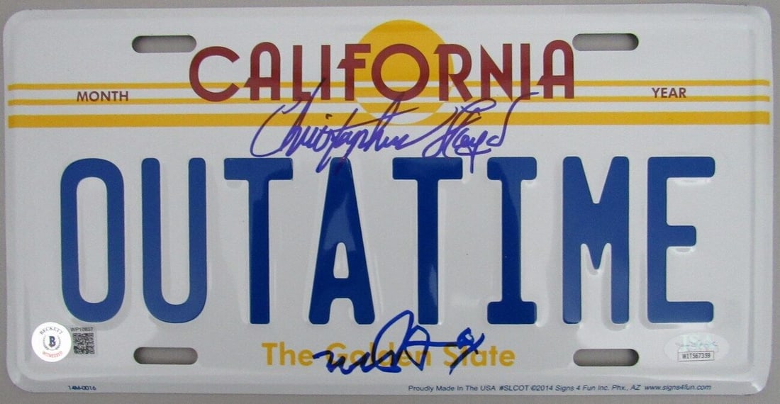 Michael J Fox/Christopher Lloyd Signed Back to Future License Plate BAS 162920: Michael J Fox/Christopher Lloyd Signed Back to Future License Plate BAS 162920 Industry: Movies Original/Reproduction: Original Autograph Authentication: BAS/Beckett Pre-Owned PLEASE NOTE: Framed Larg