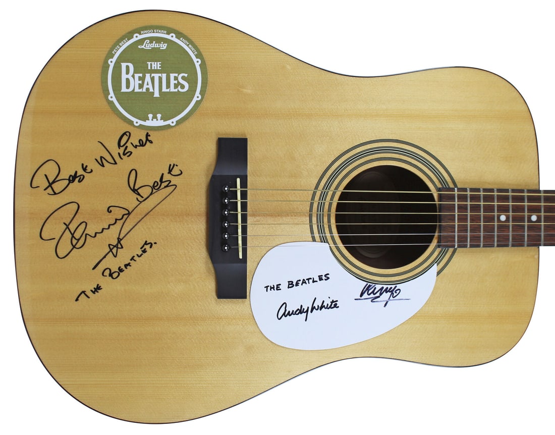 Beatles Drummers (3) Starr Best & White Signed Epiphone Acoustic Guitar BAS JSA: Beatles Drummers (3) Starr Best & White Signed Epiphone Acoustic Guitar BAS JSA Original/Reproduction: Original Industry: Music Product Coa: Beckett Product Signed By Name: Ringo Starr Pete Best & And