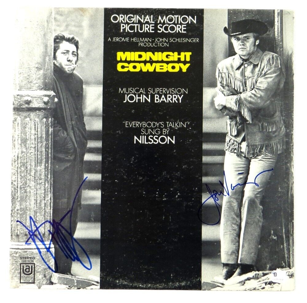 Dustin Hoffman Jon Voight Autographed Album Cover Midnight Cowboy JSA: Dustin Hoffman Jon Voight Autographed Album Cover Midnight Cowboy JSA Industry: Movies Original/Reproduction: Original Signed By: Dustin Hoffman Jon Voight Autograph Authentication: James Spence (JSA)