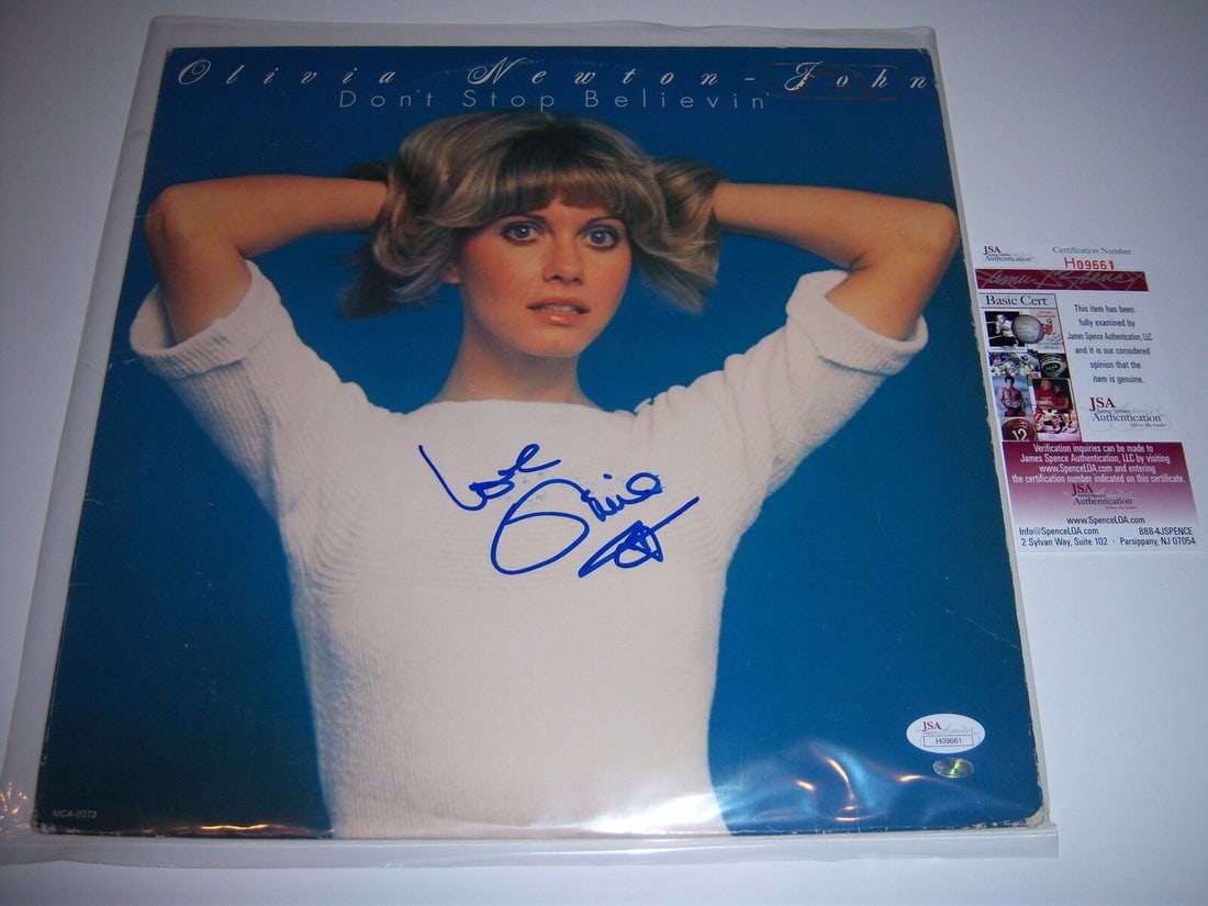 OLIVIA NEWTON JOHN DONT STOP BELIEVIN LAST ONE JSA/COA SIGNED LP RECORD ALBUM: OLIVIA NEWTON JOHN DONT STOP BELIEVIN LAST ONE JSA/COA SIGNED LP RECORD ALBUM Industry: Music Object Type: Record Original/Reproduction: Original Pre-Owned PLEASE NOTE: Framed Large or heavy Items do 