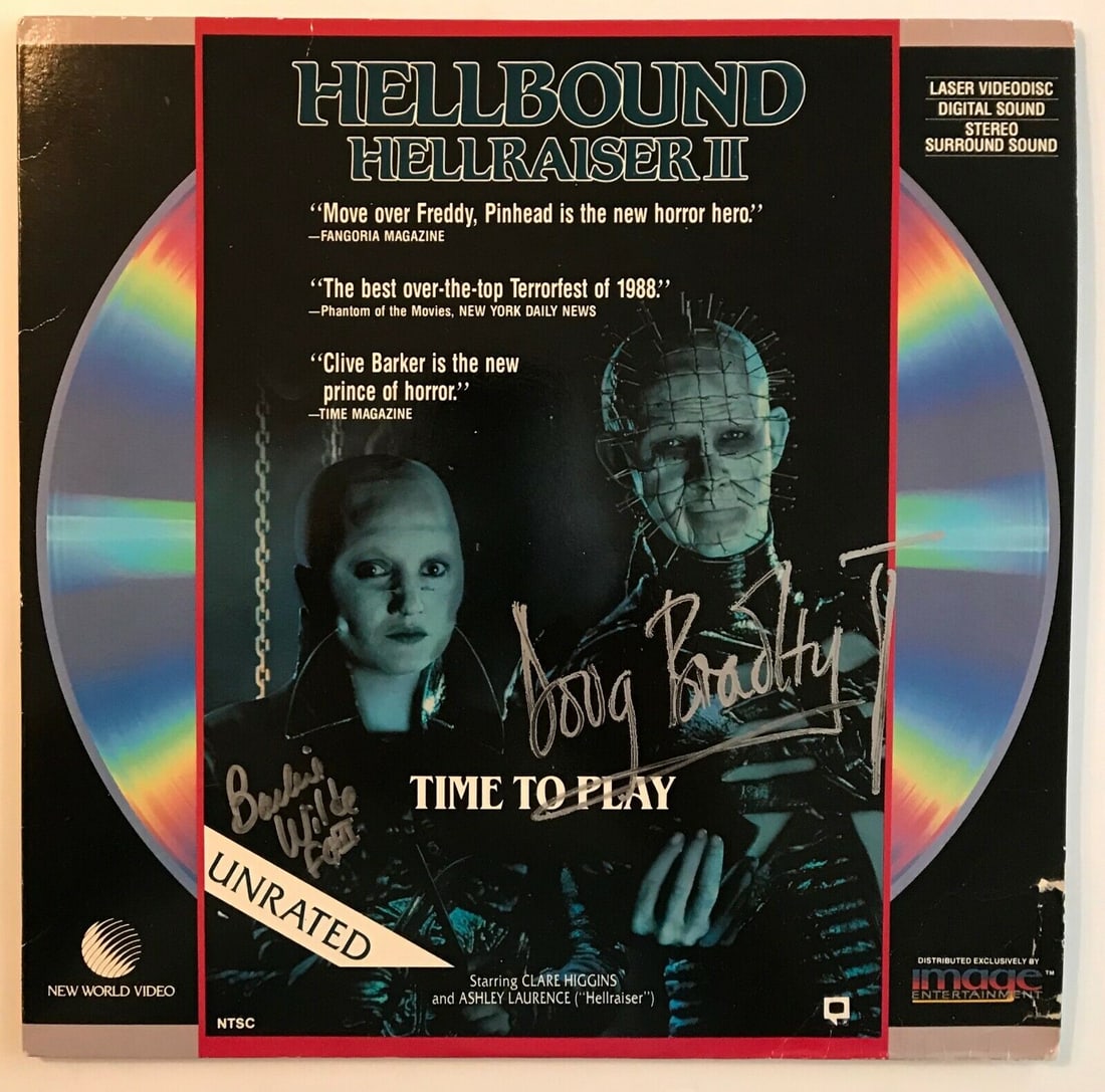 DOUG BRADLEY/ BARBIE WILDE signed/autographed "HELLRAISER II" Laser Disk (B1): DOUG BRADLEY/ BARBIE WILDE signed/autographed "HELLRAISER II" Laser Disk (B1) Movie: Hellraiser II Industry: Movies Original/Reproduction: Original Signed By: Doug Bradley/Barbie Wilde Signed By: Doug